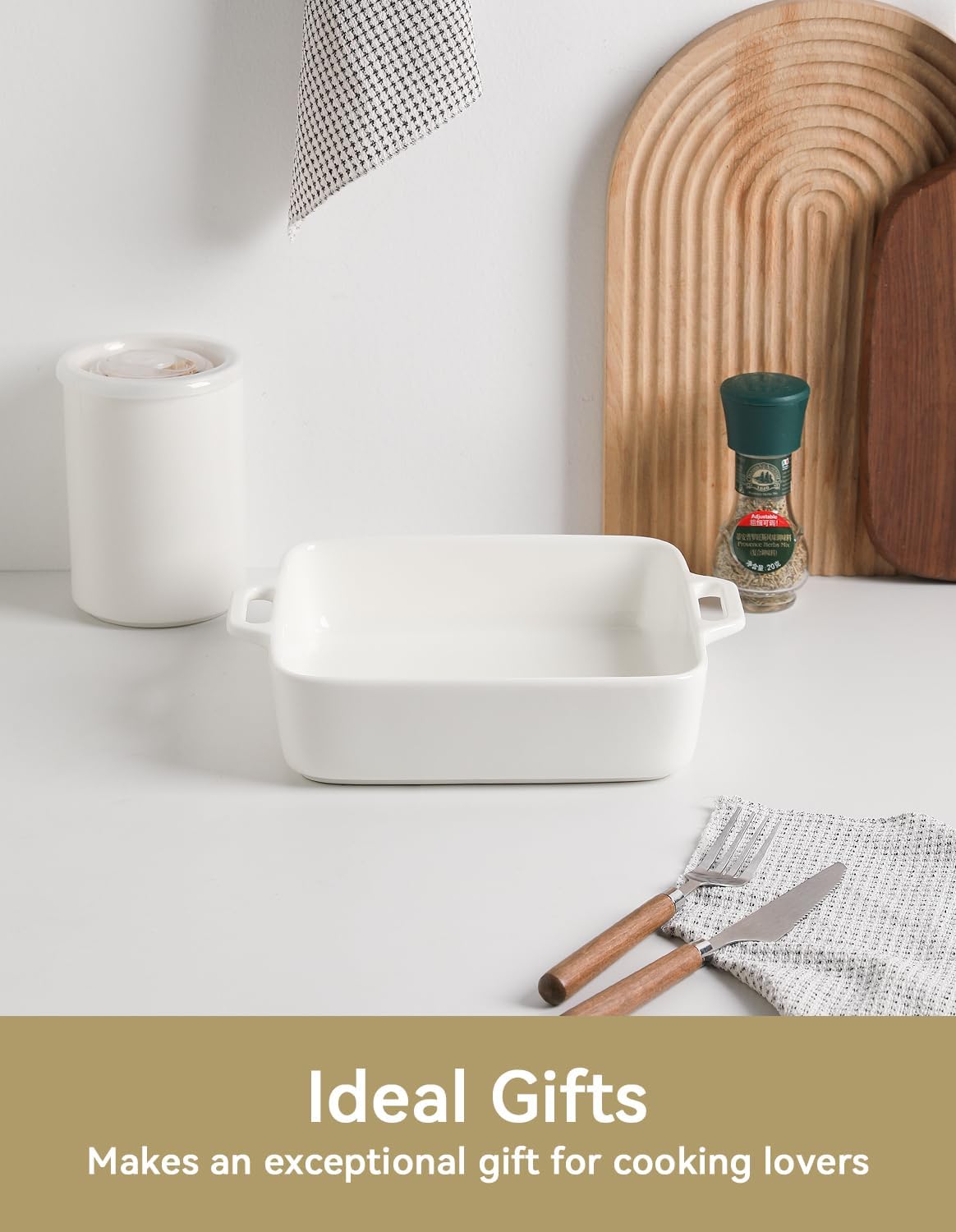 Sweejar 8x8 Baking Pan,Ceramic Casserole Dishes for Oven with Double Handles，2 QT Square Cake Baking Dish for Brownie,Lasagna,Casseroles,Family Dinner(White)