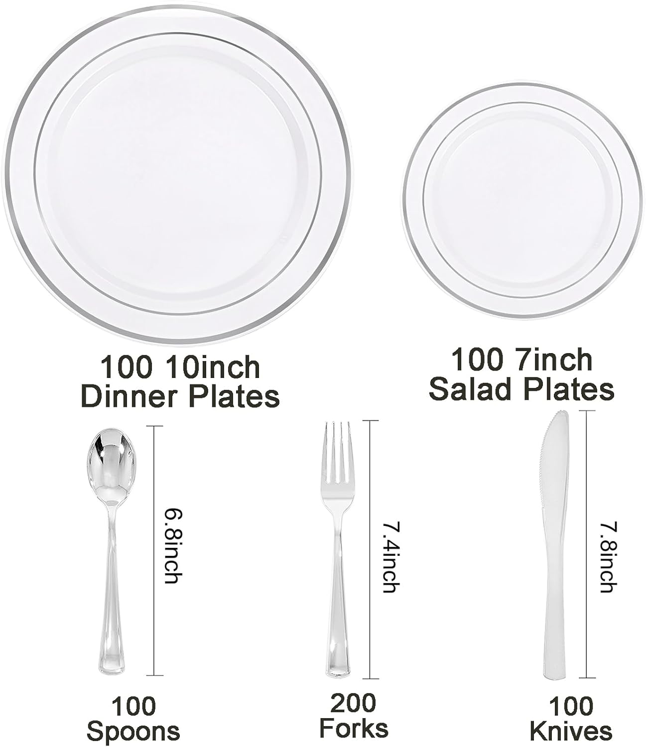 I00000 600pcs Silver Dinnerware Set for 100 Guests, Silver Plastic Plates Plastic Silverware Set of 100 Dinner Plates, 100 Salad Plates, 200 Forks, 100 Spoons,100 Knives for Party & Wedding