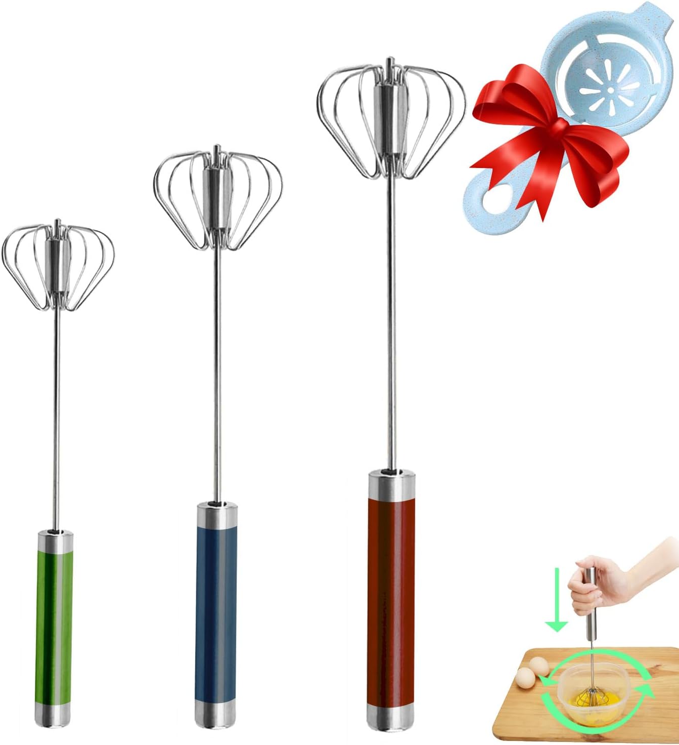Semi-automatic Whisk, Stainless Steel Egg Beater, Hand Push Rotary Whisks Mixer Stirrer for Making Cream, Whisking, Beating and Stirring (3 Color)