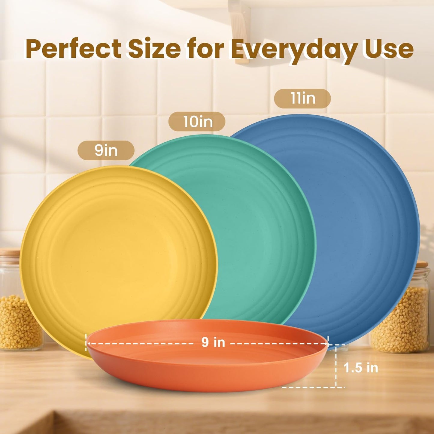Wheat Straw Plate 9 Inch, Deep Dinner Plates Set of 8, Unbreakable Plastic Plate Reusable, Microwave & Dishwasher Safe Kitchen Plates for Camping, Picnic, Travel, Outdoor (Multi Colors)