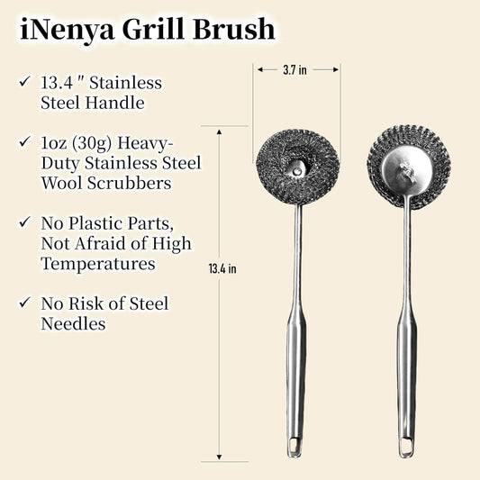 Grill Brush with Replaceable Head for Barbecue – Safe Bristle Free Stainless Steel BBQ Cleaner with Heavy Duty Scrubber Pad, Grill Accessories Steel Wool Scrubbers for Porcelain Gas Charcoal Grill