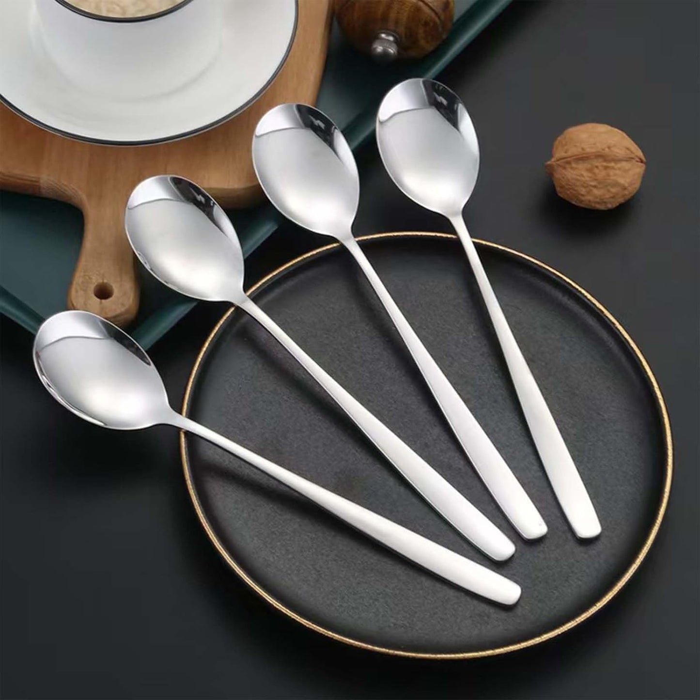 Large Soup Spoon Stainless Steel Dishwasher Safe Dinner Big Teaspoons with Round Edge 8 inches Tablespoons (4)