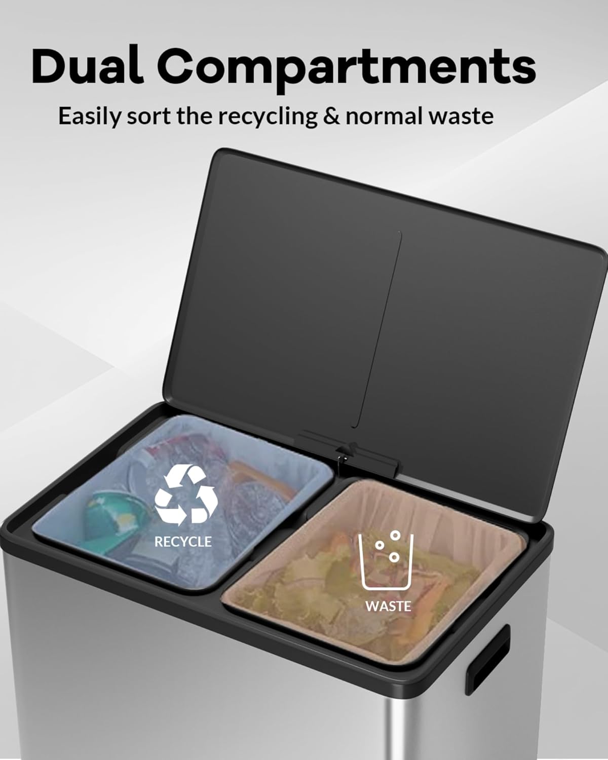 Garvee Dual Trash Can for Recycling and Trash, Stainless Steel Kitchen Trash Can with Lid and Foot Pedal, Double Compartment Garbage Can, with Recycling Bin