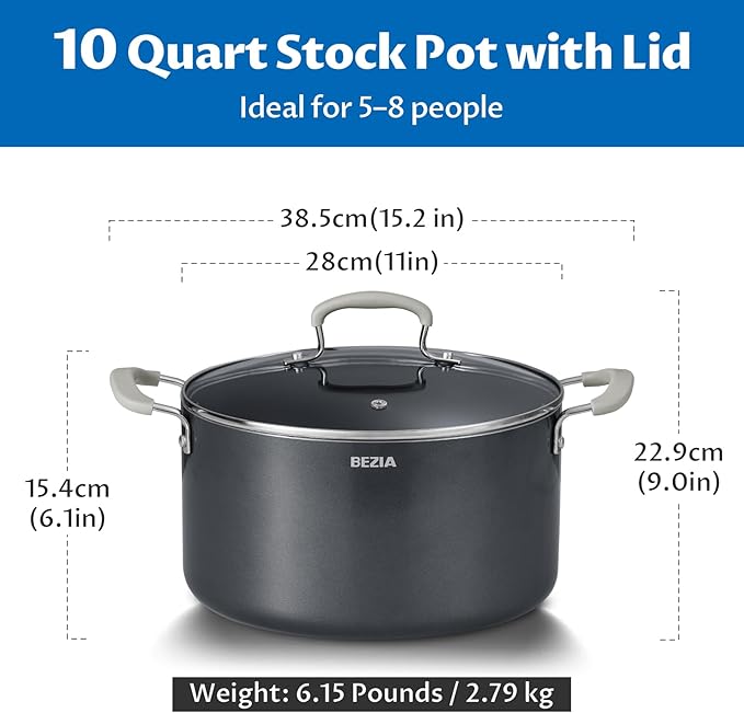 10 Quart Pot with Lid, BEZIA Ceramic Nonstick Stock Pot with Lid, Induction Ready, Large Cooking Pot with Silicone Handle, Compatible with All Cooktops, Dishwasher Safe
