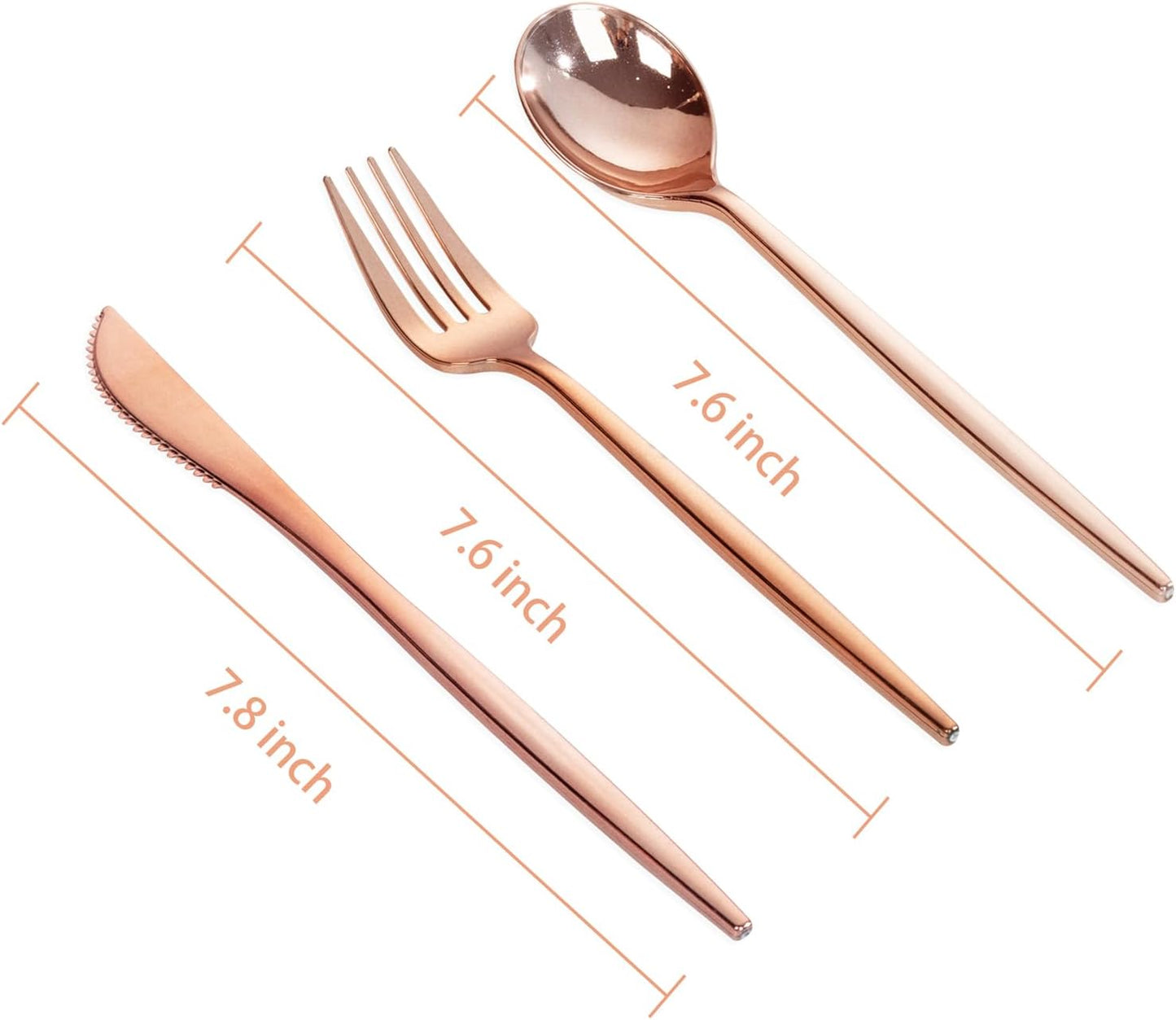 PULOTE 150PCS Rose Gold Plastic Silverware Set - Heavy Duty Rose Gold Utensils - Plastic Cutlery Disposable - Include 50 Forks, 50 Knives, 50 Spoons for Party & Wedding