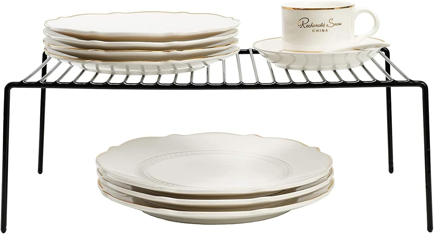 Kitchen Cabinet Shelf Organizer Set of 2, Large (15.7 x 9.4 inch) Metal Wire Pantry Storage Shelves, Dish Plate Racks for Cabinets, Freezer, Counter, Cupboard Organizers and Storage, Black