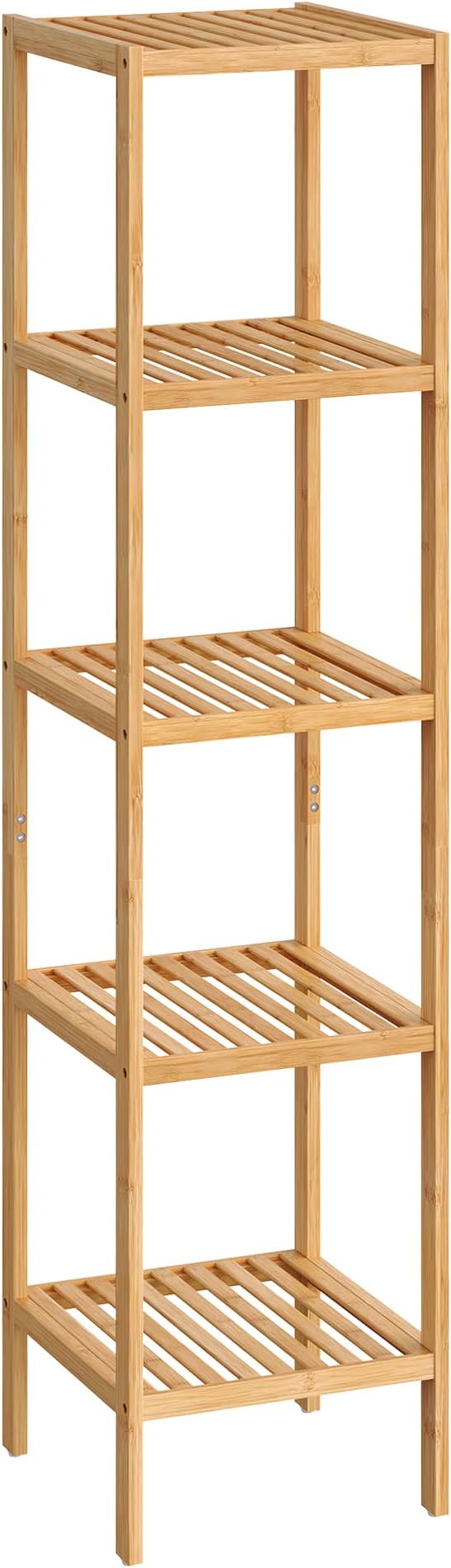 SONGMICS Bamboo Storage Shelf, 5-Tier Shelving Unit, Multifunctional, in the Entryway, Bathroom, Living Room, Balcony, Kitchen, 13 x 13 x 57.5 Inches, Light Bamboo UBCB55Y