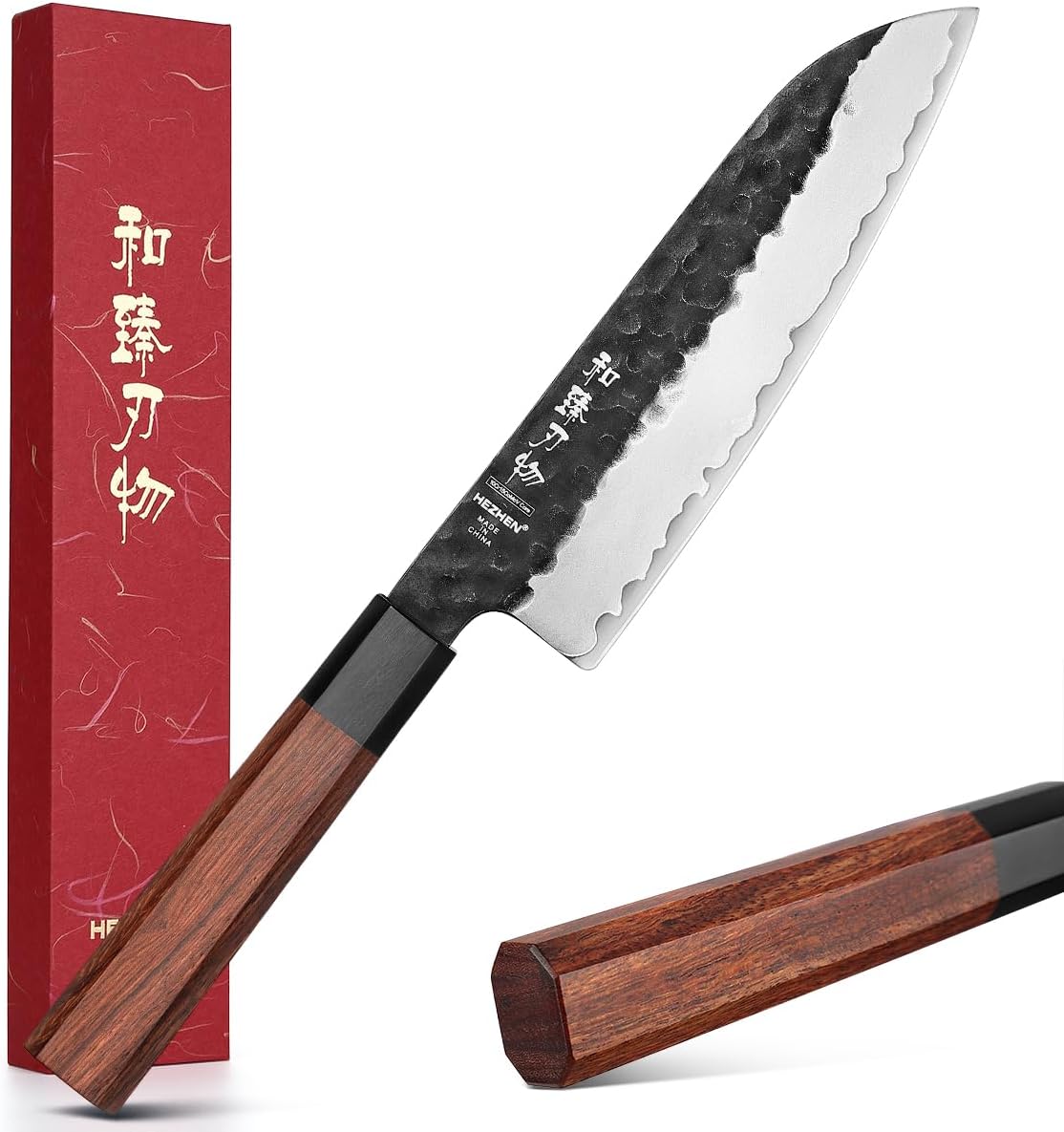 HEZHEN Santoku Knife, 7 Inches, 3 Layers Clad Steel Chef Knife,Professional Japanese Kitchen Knife for Chefs and Home Cooking,Wooden Octagonal Handle