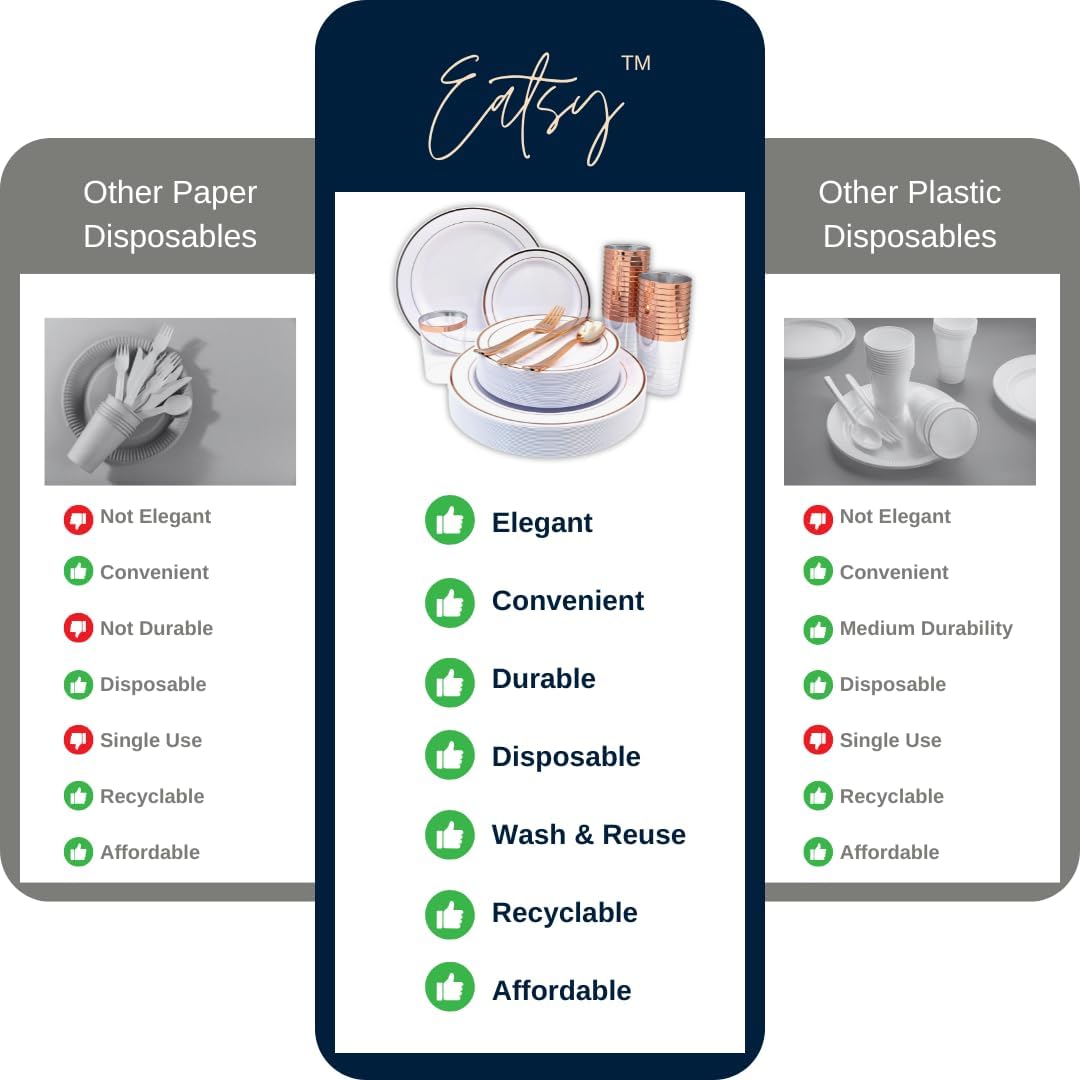 Tableware Dinnerware Set, Premium Heavyweight, Reusable or Disposable Party Plates, Includes Dinner Plate, Dessert Plate, Cutlery, and Cup (Rose Gold, 150-Piece Set, Serves 25 Guests)