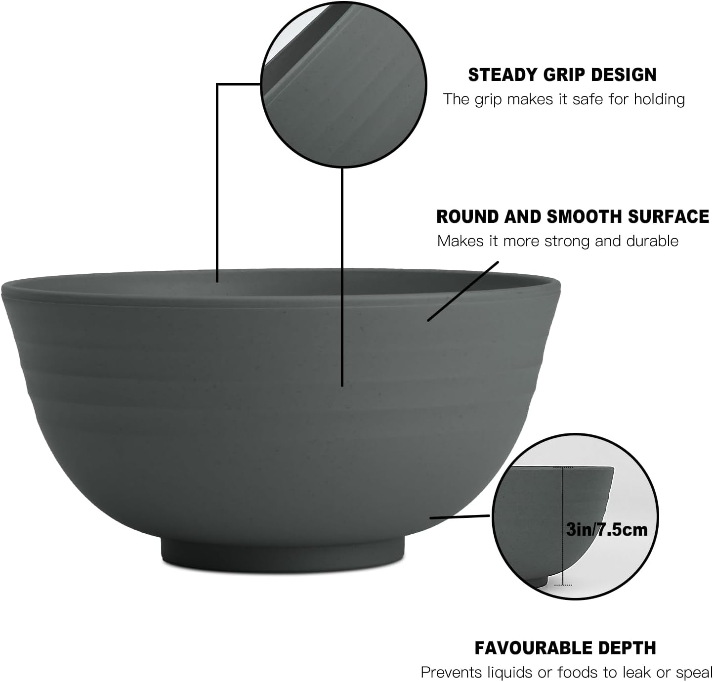 Hoimenly Wheat Straw Bowls, Unbreakable Cereal Bowl Set of 8, 26 OZ Bowls for Kitchen, Camping, Party, Microwave and Dishwasher Safe Bowls Set, Alternatives to Plastic Bowl(Dark Grey)