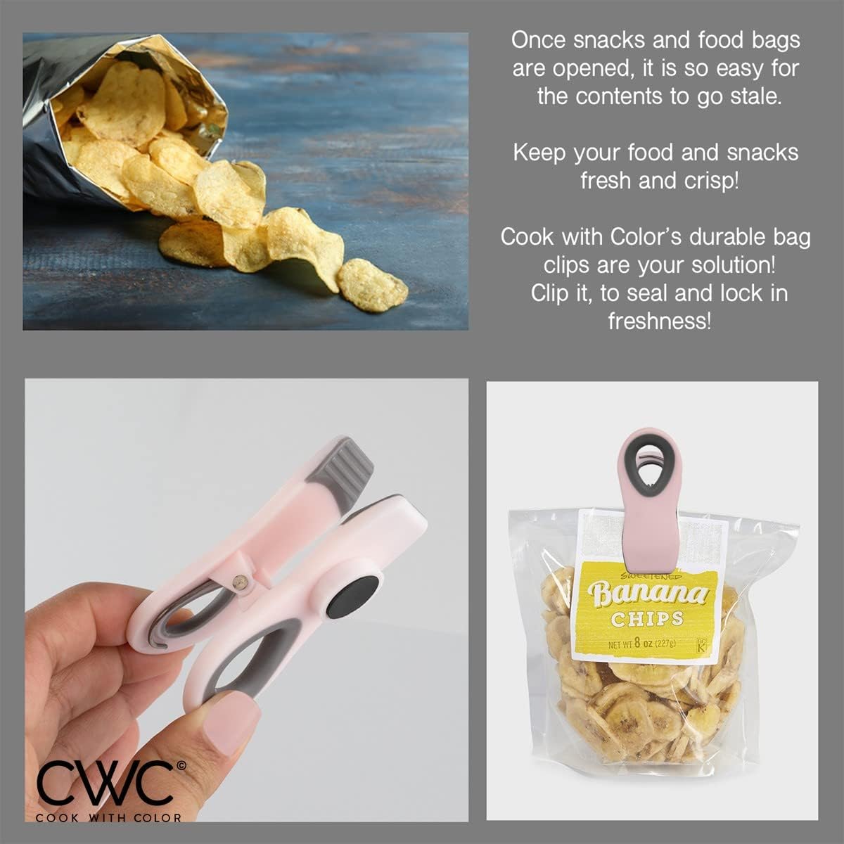 COOK WITH COLOR Bag Clips with Magnet- Food Clips, Chip Clips, Bag Clips for Food Storage with Airtight Seal Grip for Bread Bags, Snack Bags and Food Bags (Multicolor, Pack of 10)