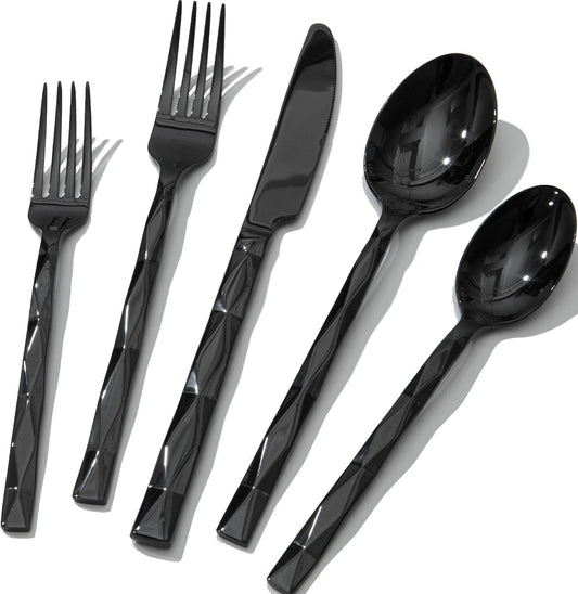 KINGSTONE Black Silverware Set, Luxury 60 Piece Flatware Set for, 18/10 Stainless Steel Cutlery Set with Diamond Cut Pattern for Kitchen, Home, Wedding, Party, Mirror Polished and Dishwasher Safe