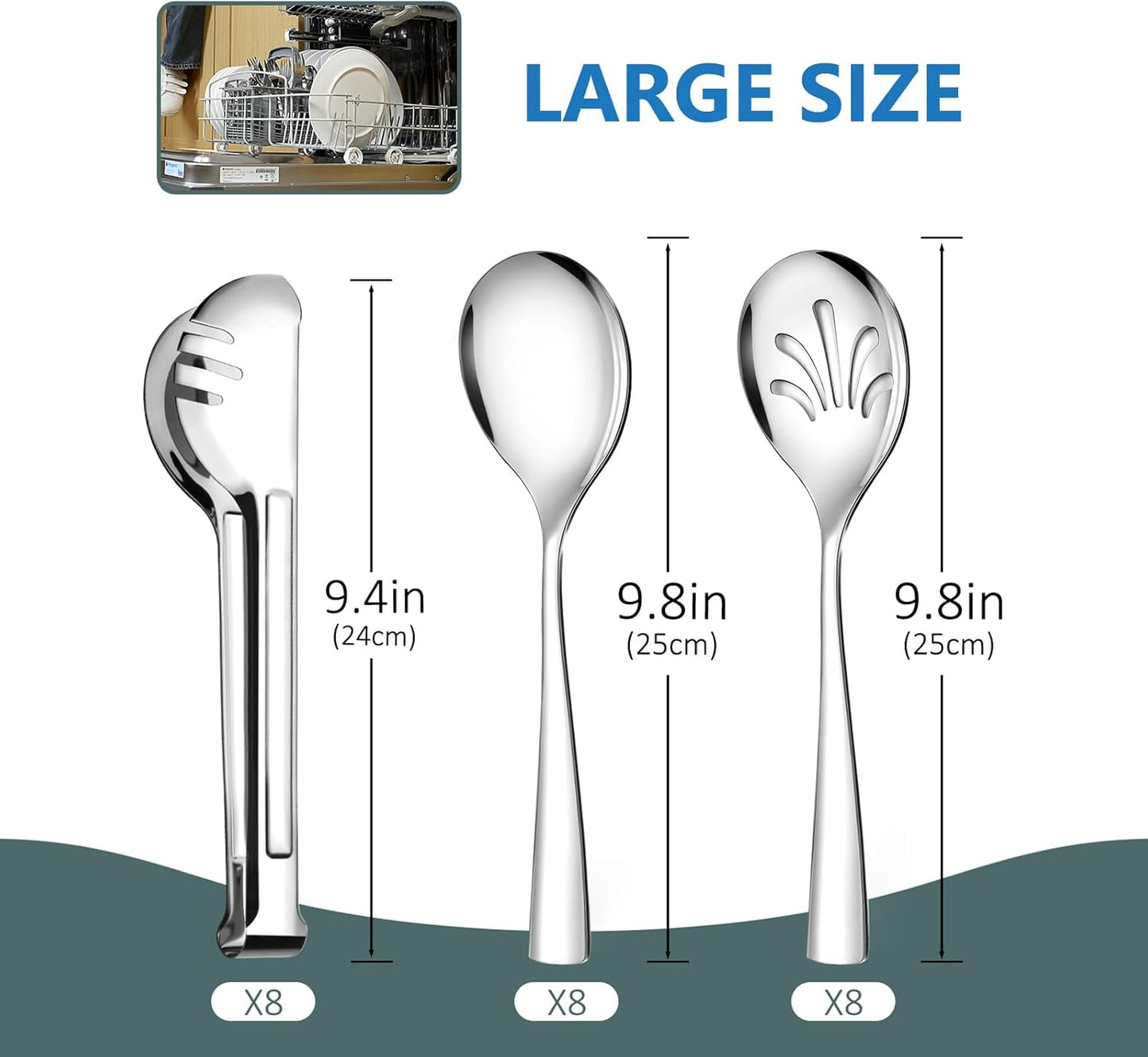 24 Pack Stainless Steel Large Serving Utensils Set - 10" Serving Spoons x 8, 10" Slotted Spoons x 8, and 9" Serving Tongs x 8 by Teivio, for Buffet, Chafing Dish, Catering Supplies (Silver)