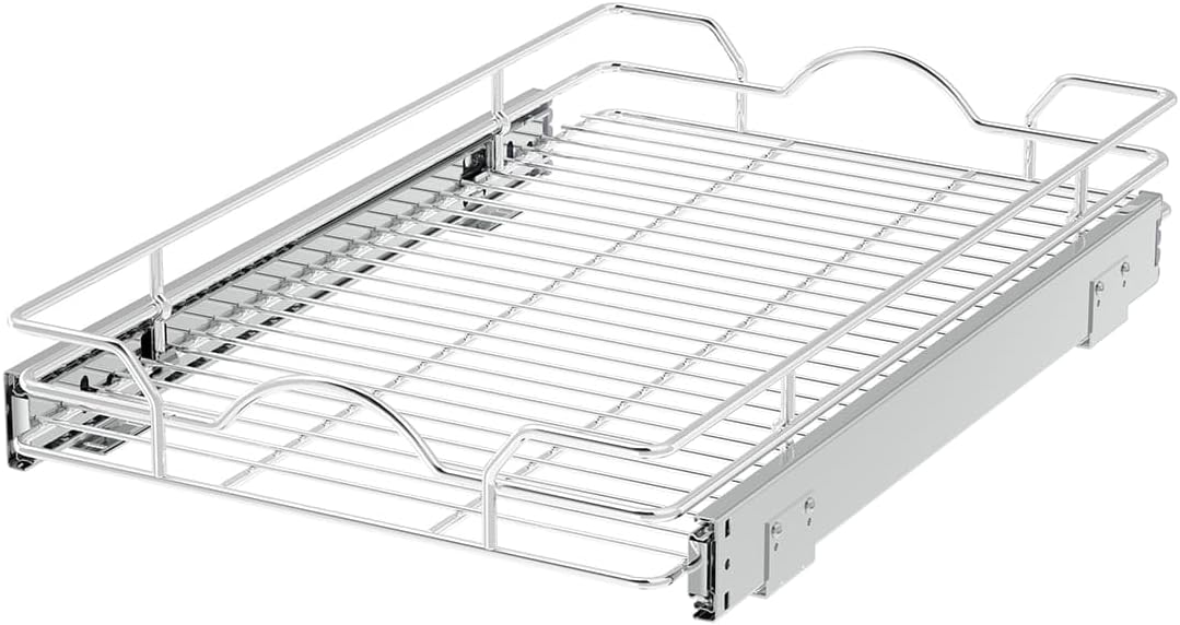OCG Pull Out Cabinet Organizer 2 Pack (12" W x 21" D), Pull out Shelves 1 Tier, Cabinet Slide Out Shelves for Base Cabinet Organization in Kitchen Bathroom Pantry, Bottom Mount, Chrome Finish