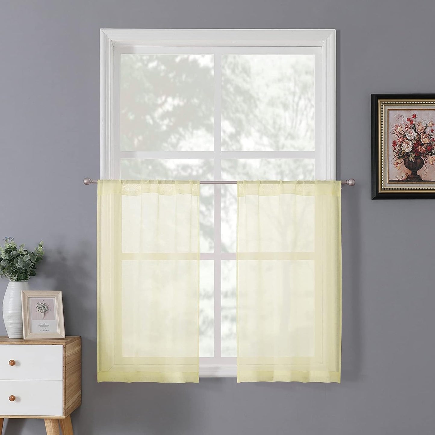 Tollpiz Sheer Tier Curtains Kitchen Linen Textured Half Curtain Sheers Light Filtering Rod Pocket Voile Bathroom Short Curtains for Farmhouse, 25 x 30 inches Long, Transparent Yellow, Set of 2 Panels
