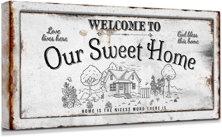 IPIC - Our Sweet Home Vintage Family Sign, Rustic Farmhouse Style Canvas Wall Art for Entryway or Living Room, Wall Decor for Home or Bedroom, Ready to Hang