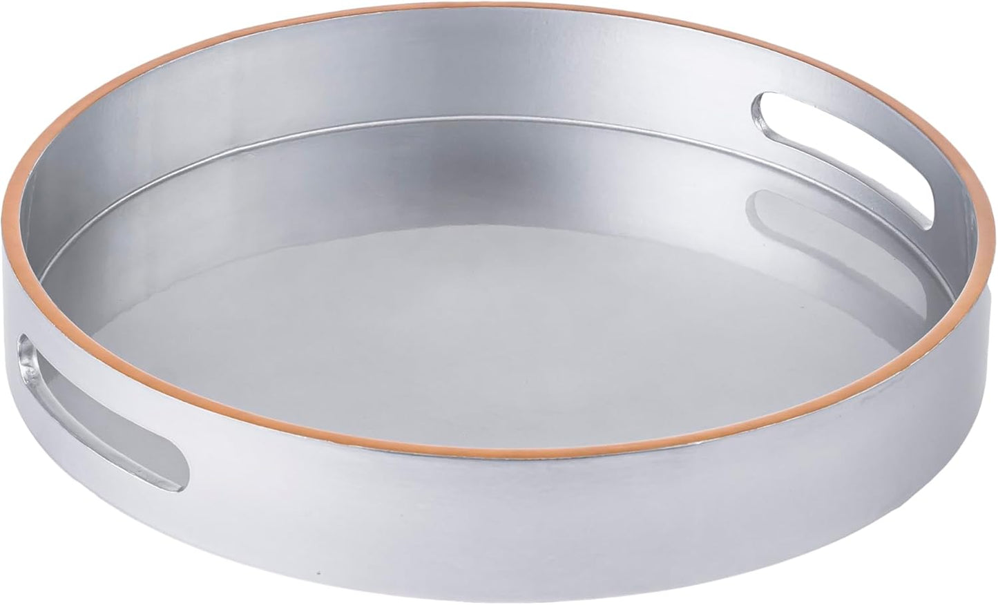 PEMAR 12.6" Round Lacquer Serving Tray with Insert Handle Decorative Basket Tray for Breakfast, Dinner, Coffee Table Decor (Silver)
