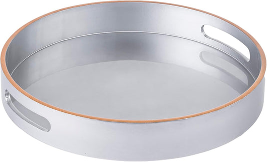 PEMAR 12.6" Round Lacquer Serving Tray with Insert Handle Decorative Basket Tray for Breakfast, Dinner, Coffee Table Decor (Silver)
