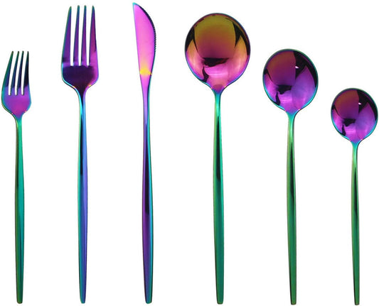 JASHII Silverware Set, Mirror Polished Rainbow Flatware Cutlery Set Service for 4, Shiny Finish 24 Pieces Stainless Steel Utensils Set Dinner Knife Fork Spoon Dessert Fork Salad Spoon Dishwasher Safe