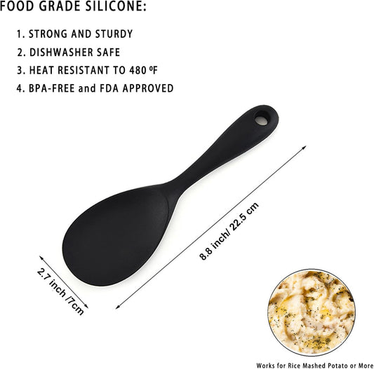 Dioycli Rice Paddle Nonstick Rice Spatula Heat Resistant Silicone Rice Spoon, Kitchen Cooking Black Rice Scooper for Soup, Salads, Mashed Potato (2 Pcs)