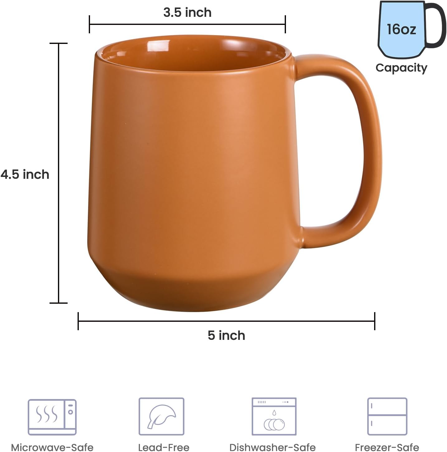 Miicol Ceramic Coffee Mug, 16 oz Large Coffee Cup, Tea Mug with Handle, Flat Bottom Mug for Men, Women, Office, Microwave and Dishwasher Safe, Multi-Color, Burnt Orange