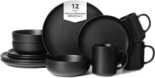 12-Piece Matte Black Dinnerware Set,Stoneware Dinnerware for 4, Microwave & Dishwasher Safe, Stackable Design for Kitchen and Dining - Plates and Bowls