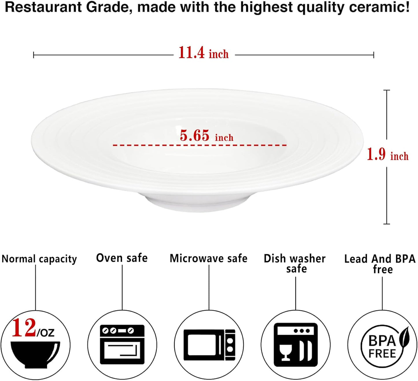 Ceramic Wide Rimmed Soup Plate, Soup Bowl 12 oz, Pasta Bowl Set of 4, White Shallow Bowl Plate with Rim, Best choice for high-end restaurants, hotels, and foodies,11.4 Inch Coil relief
