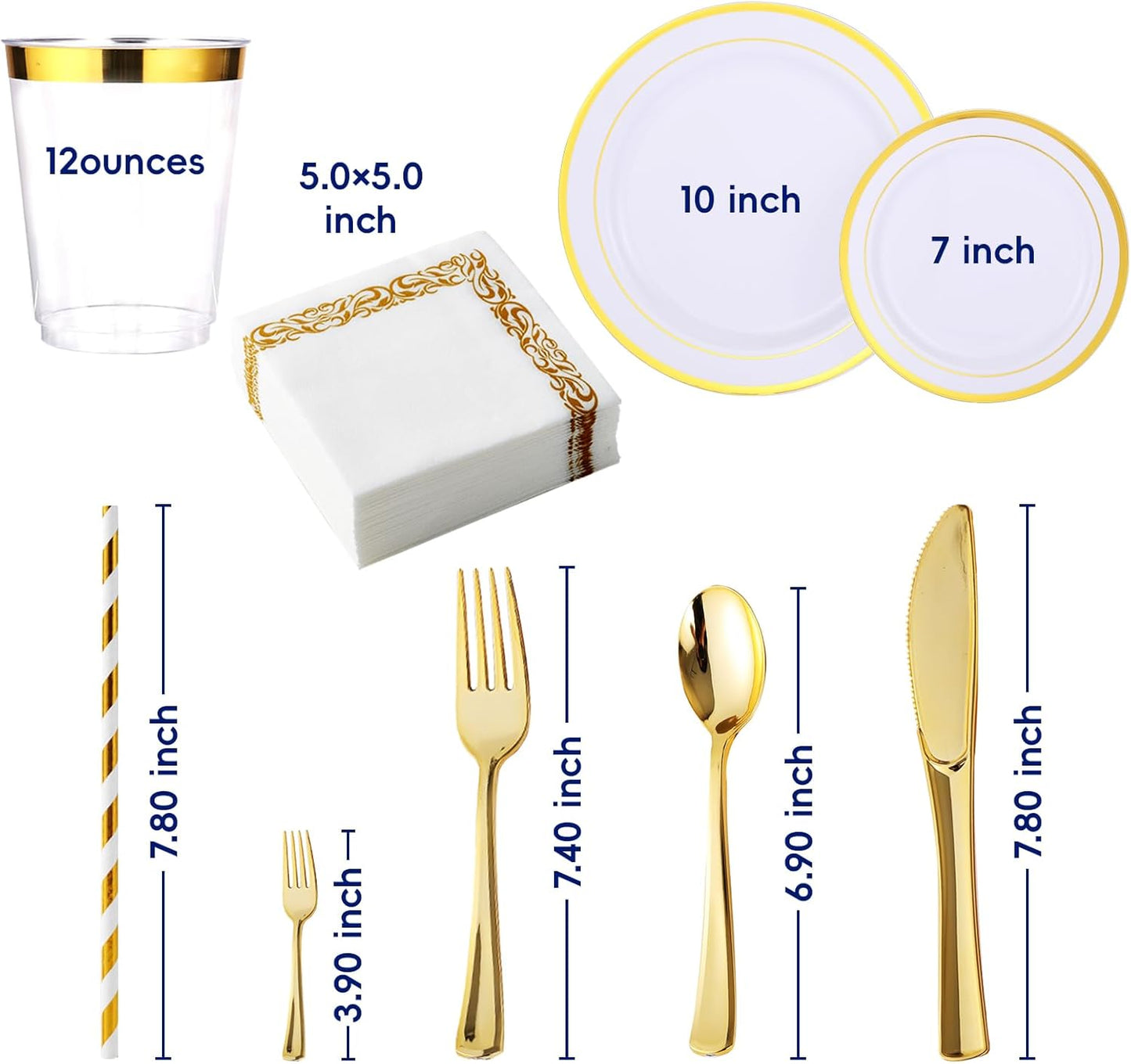 250 Count Gold Disposable Plastic Dinnerware Set, 50 Gold Plastic Plates, 25 Silverware, 25 Cups and Straws, 50 Napkins, Perfect for Wedding Party