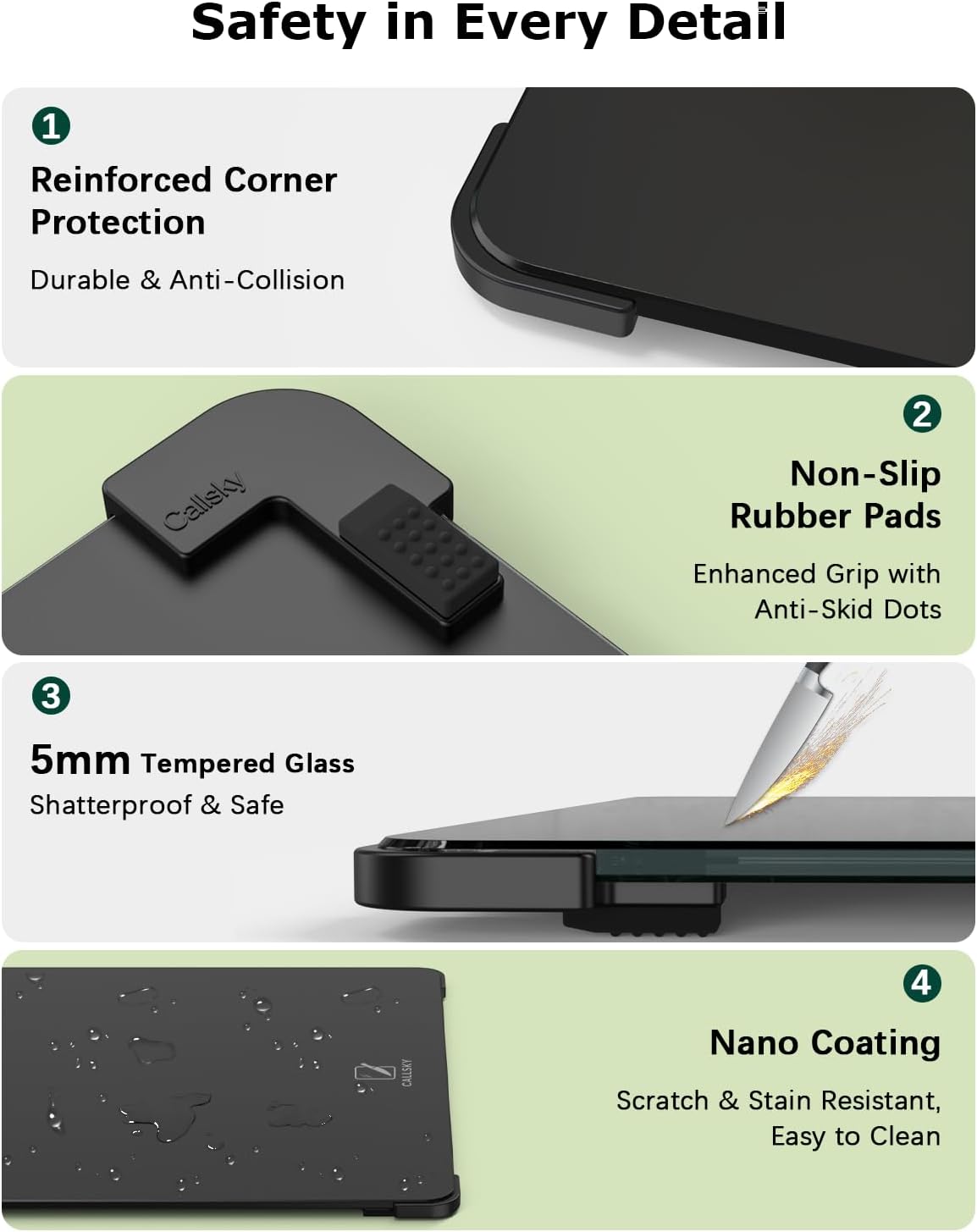 Tempered Glass Cutting Board Set, Large 16"x12" Glass Cutting Board for Kitchen with 4 Non-Slip Feet, Heat & Shatter Resistant Glass Cutting Board Dishwasher Safe, Perfect Kitchen Gift & Decor-Black