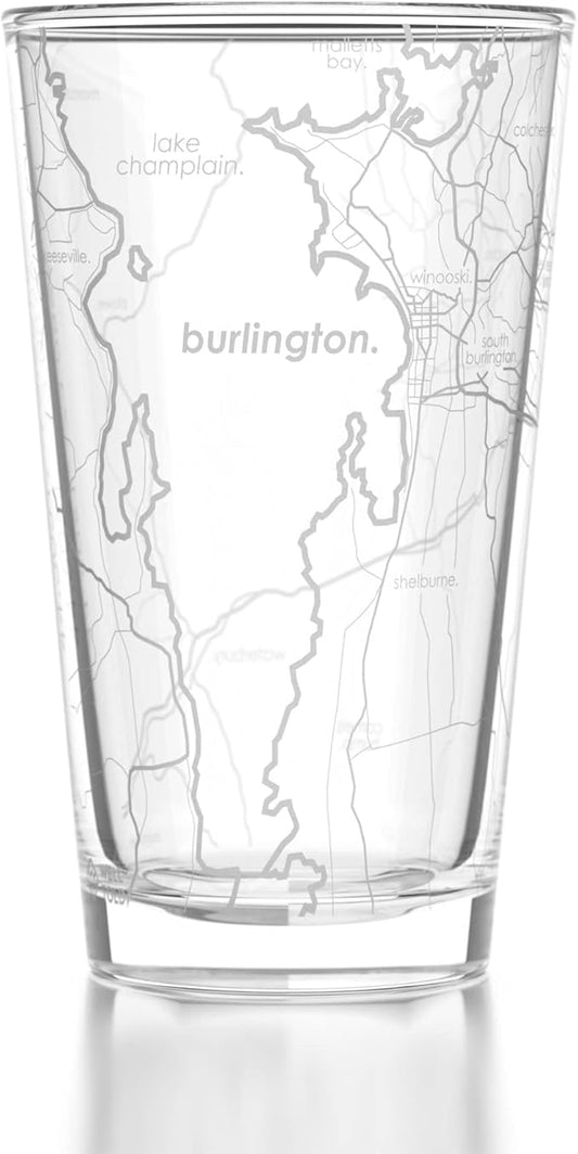 Well Told Engraved Burlington Vermont Map Pint Glass, Etched Beer Gift (16 oz, Clear) City Map Pint, Custom City Glassware, Gifts For Beer Lovers