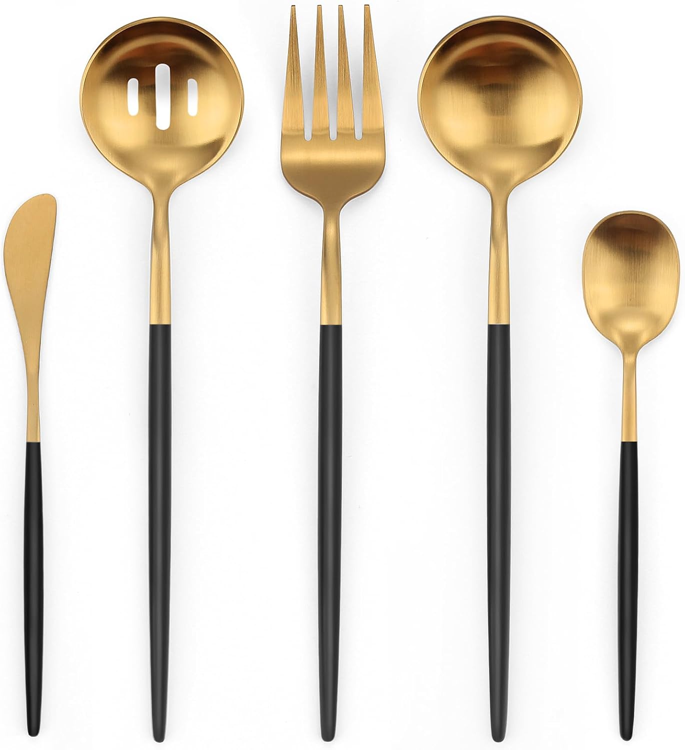 5-Piece Matte Black Gold Stainless Steel Large Hostess Set With Round Edge Satin Finish Dishwasher Safe - Large Serving Set Including Fork, Knife, Sugar Spoon And Slotted Spoon
