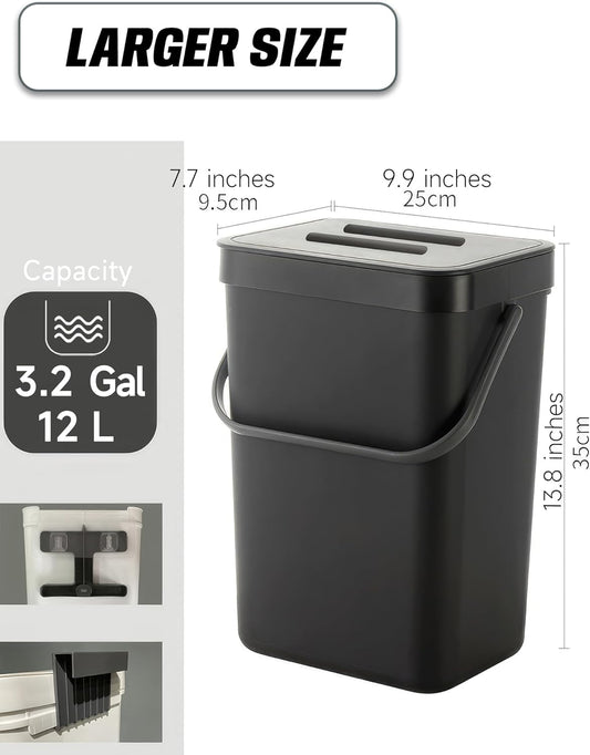 Kitchen Compost Bin - 3.2 Gallons Hanging Trash Can with Lid for Kitchen Bathroom, Under Sink Trash Can, Outdoor Compost Bucket with Lid, 12L(Black)