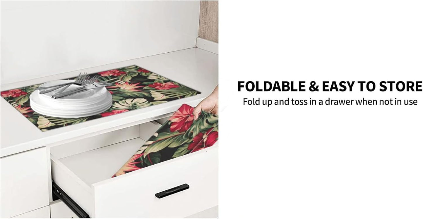 Red Flowers Dish Drying Mats for Kitchen Counter, Blossom Floral Large Mat Dishes Microfiber Diatom Mud Rack Drainer Pad Washable Absorbent Dry 18×24 Inch Coffee Bar Decor Coffee Station Accessories