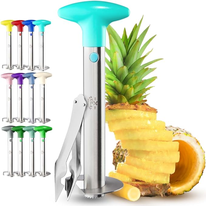 Zulay Kitchen Stainless Steel Pineapple Corer & Slicer – Heavy-Duty Pineapple Cutter with Reinforced Blade & Eye Removal Tool – Effortless Pineapple Core Remover & Slicer - Light Blue