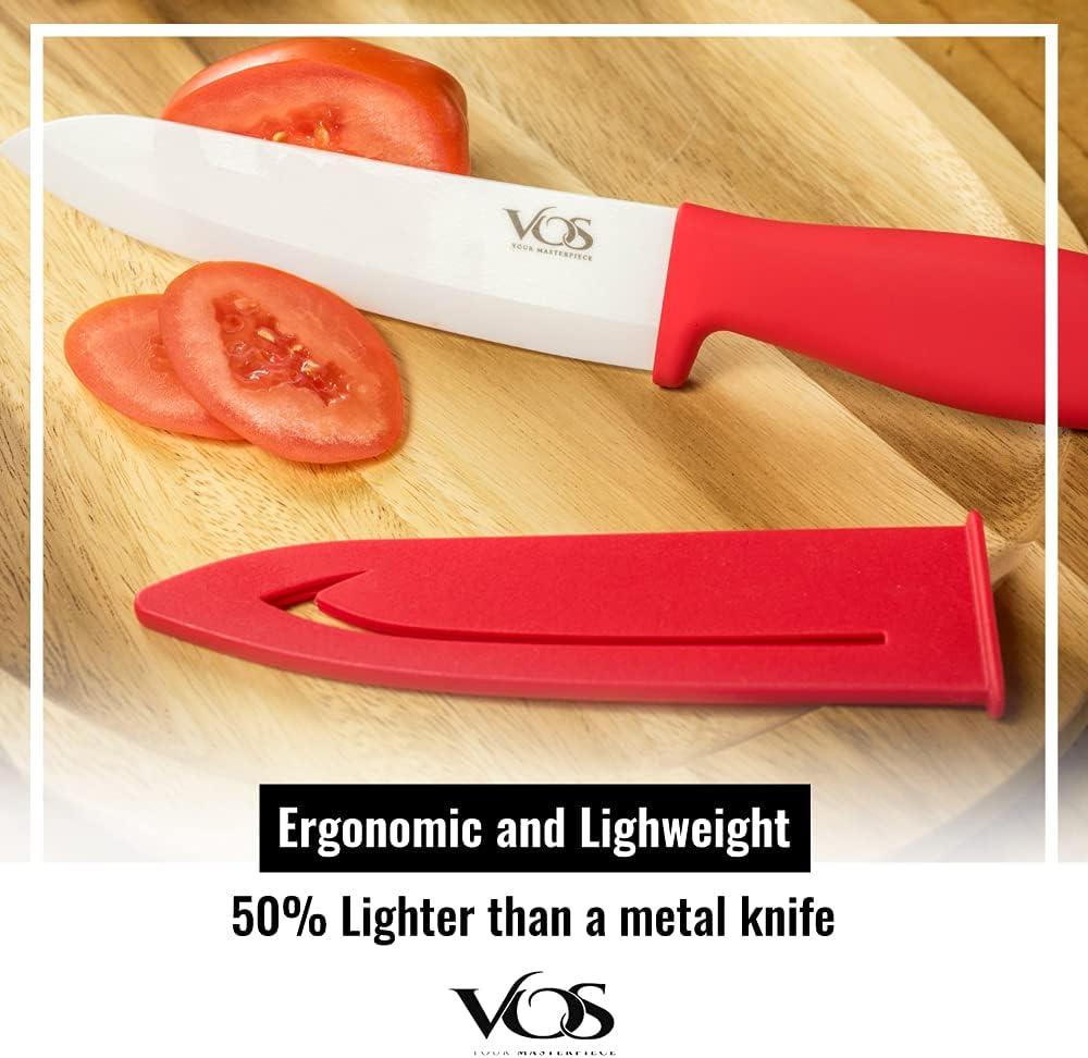 Vos Ceramic Knife Set with Peeler, Ceramic Knives Set For Kitchen, Ultra Sharp Kitchen Knife Set with Covers, 3" 4" 6" Paring, Utility & Chef Knife, Lightweight, Dishwasher safe (Multi-Color Handle)