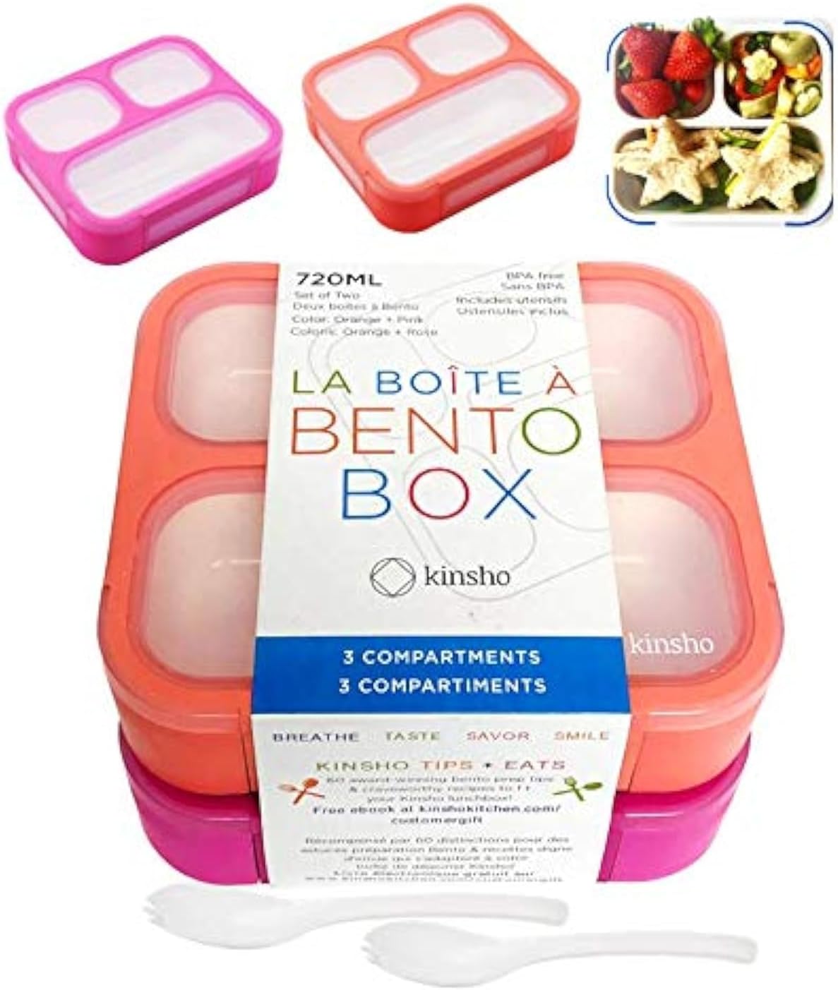 kinsho Bento Box for Kids, Toddler Lunch-Box Snack Container for Small Boys Girls in School Pre-School Daycare, Leakproof 3 Compartment Containers for Snacks, BPA Free. Medium Orange Pink 2 pack