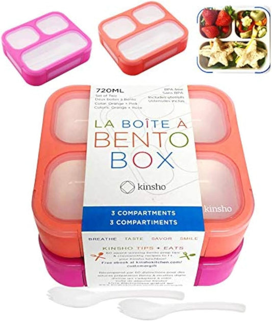 kinsho Bento Box for Kids, Toddler Lunch-Box Snack Container for Small Boys Girls in School Pre-School Daycare, Leakproof 3 Compartment Containers for Snacks, BPA Free. Medium Orange Pink 2 pack