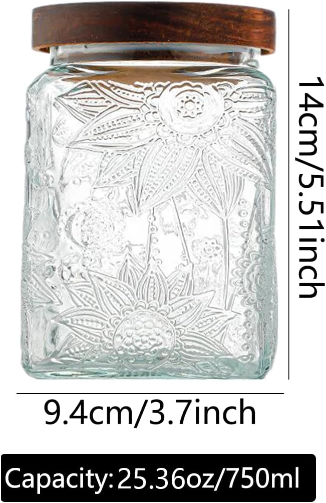 ANSQU Square Glass Jar with Lid – 25.4 oz Vintage Style Glass Food Storage Container for Kitchen Pantry, Candy, Sugar, Coffee, Cookies, Clear Kitchen Jar for Organization & Decor (Square Sunflower)
