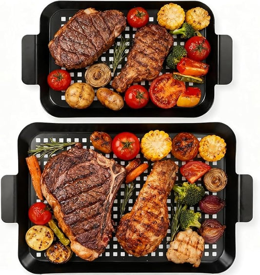 Grill pan, 2 Grilling Tray - Outdoor Grilling Baskets with Hole, Camping Barbecue Set for meat, fruits and vegetables (2 pieces)