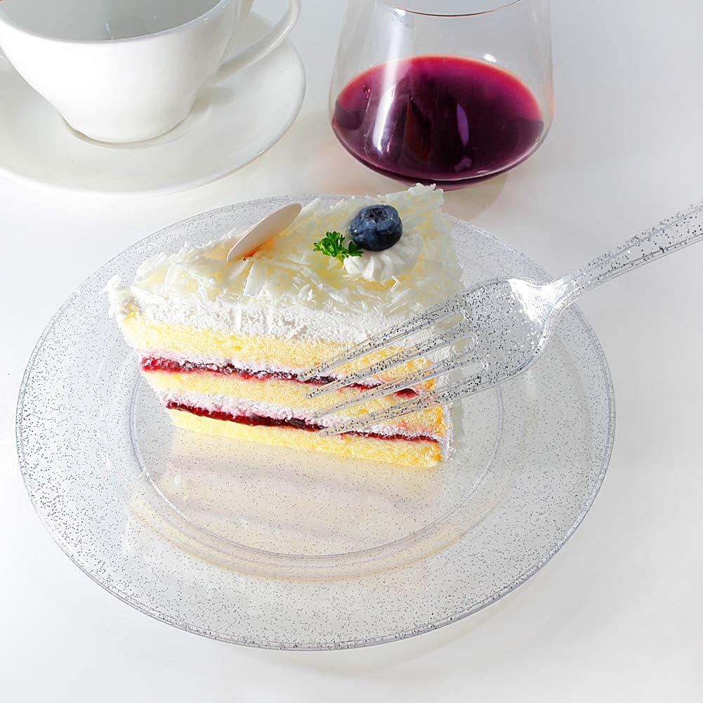 I00000 144Pcs Silver Glitter Dessert Plates Set, Includes 72Pcs Plastic Dessert Plates 7.5",72Pcs Silver Forks 7.4", Plastic Salad Plates for Thanksgiving