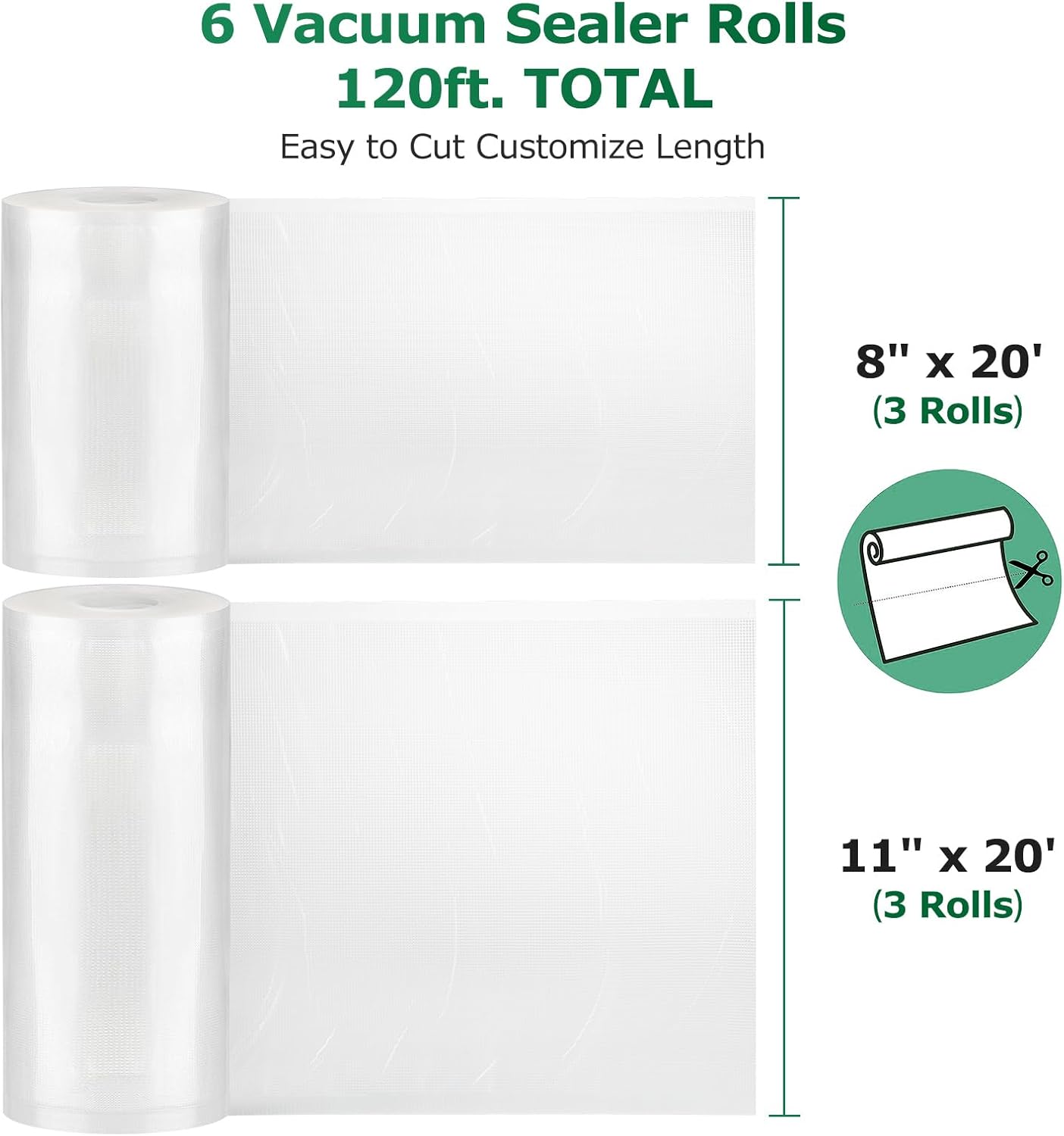 FRESKO Vacuum Sealer Bags Food Rolls 6 Packs - 8" x 20' & 11" x 20', Commercial Grade Seal a Meal Bags for Storage Food and Sous Vide, BPA Free, Customized Size for Vacuum Sealer