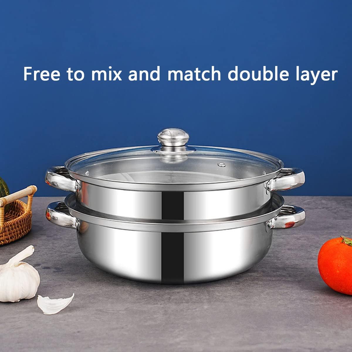 Steamer Pot for Cooking 5.0-Quart Steam Pot with Lid 2-tier Multipurpose Stainless Steel Steaming Cookware with Handle for Vegetable, Soups, Stews and Pasta