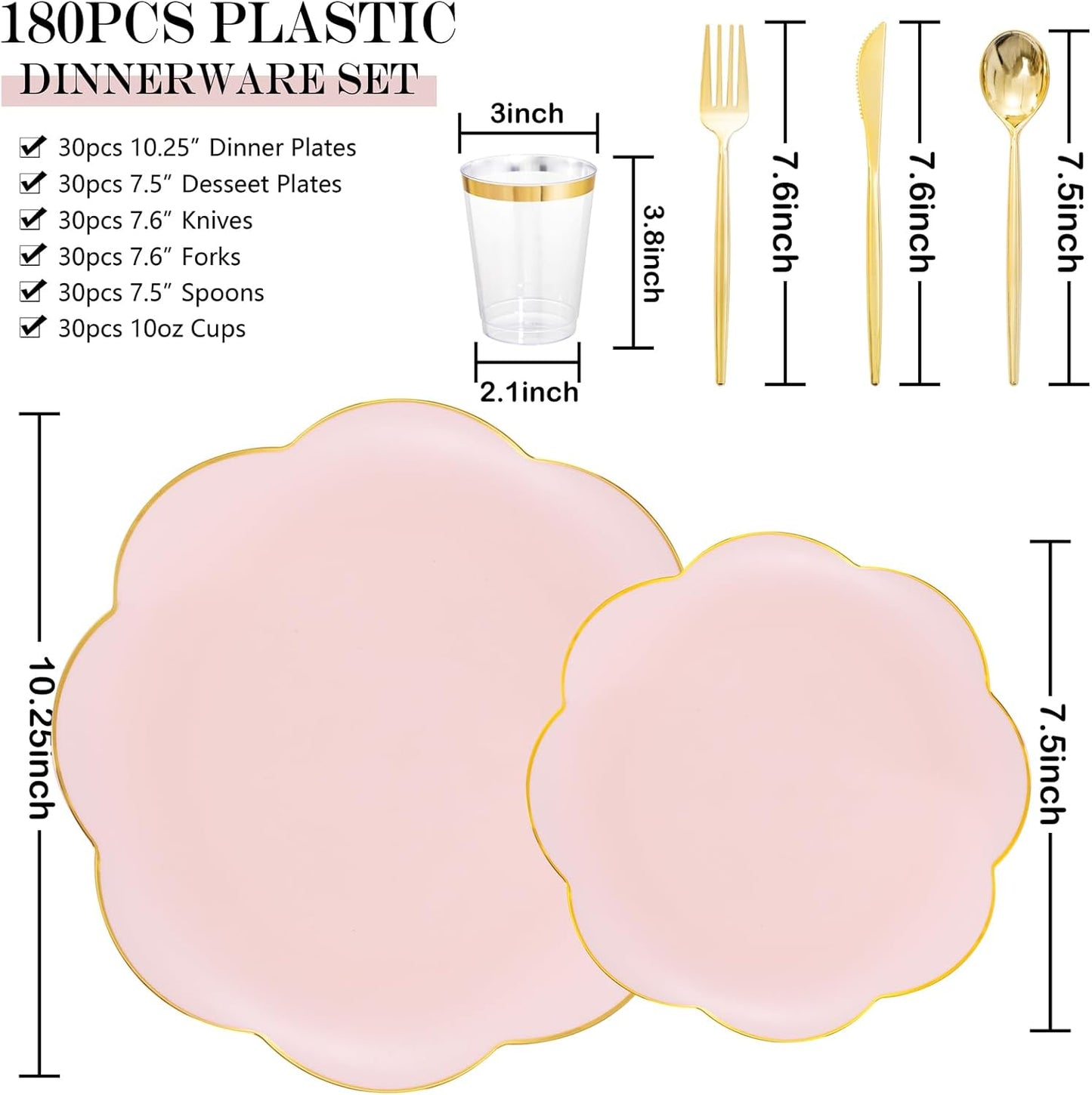 EI 180pcs Pink Plastic Plates with Gold Plastic Silverware,Party Plates Disposable,Pink Dinnerware Set for Afternoon Tea,Wedding,Birthday,Easter