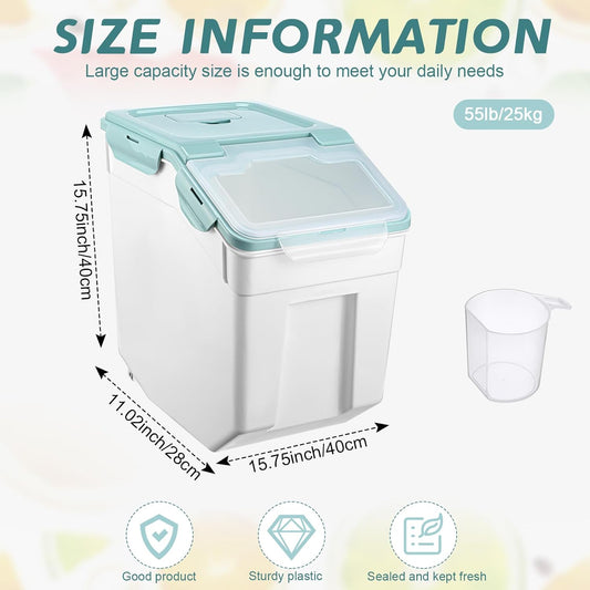 Sunnyray 4 Pcs 55 lbs Grain Rice Storage Container Blue Flour Bin with Wheels Cup Leak Proof Pet Food Storage Boxes Seal Locking Lid Plastic Rice Containers Set for Cereal Flour Cat Dog Food Kitchen