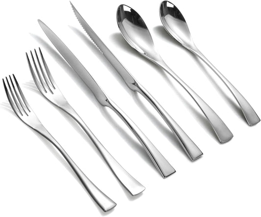 Lemeya 24-Piece Silverware Set with Steak Knives,Forged 18/10 Stainless Steel Cutlery Set for 4,Modern Heavy Duty Flatware Utensils Set,Forks Spoons and Knives Set, Mirror Polished,Dishwasher Safe
