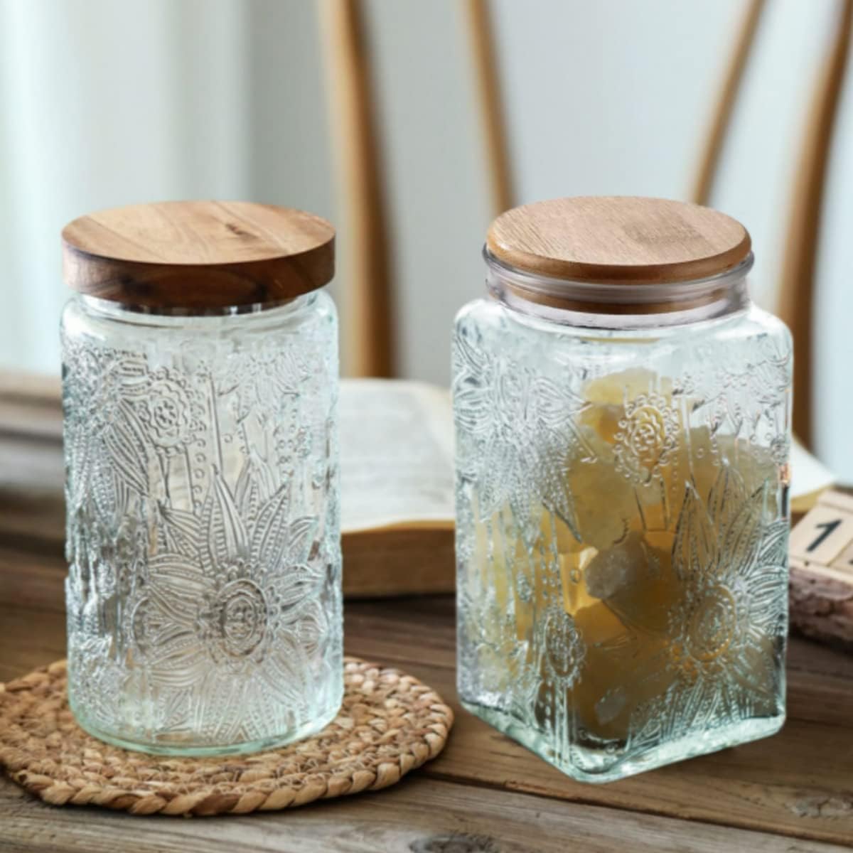 Vintage Square Sunflower Glass Jar with Lid - 34 FL OZ, Decorative Mason Jar for Home Kitchen Coffee Tea Sugar Cookie Candy Storage