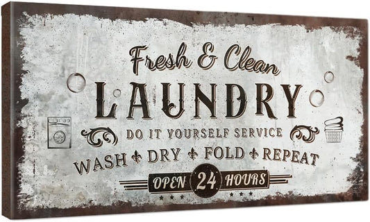 IPIC - Rustic Laundry Sign Wash Dry Fold Repeat, Canvas Print Wall Art for Family Laundry Room, Farmhouse Style Wall Decor For Home Decoration