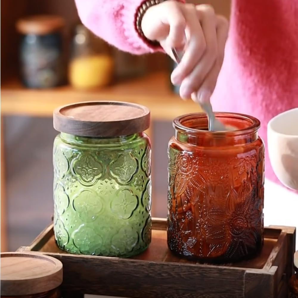 ANSQU Vintage Glass Kitchen Storage Counter Jar, Candy Jars with Lids, Coffee Container for Ground Coffee, Mason Jar Hold Coffee Beans, Tea, Sugar, Bath Salts & More, 23.7 FL OZ (Light Brown, 1Pack)