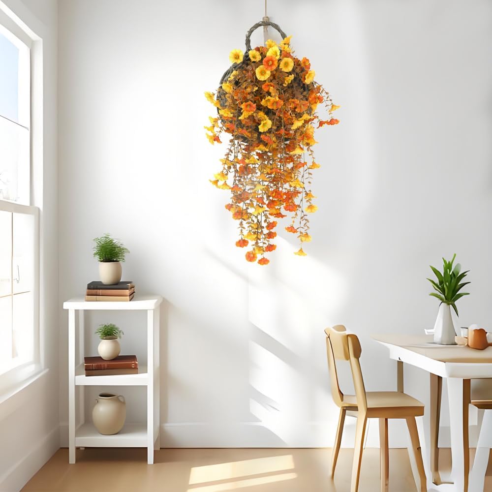 Jasion 4 Bundles Artificial Hanging Flowers Outdoor Realistic Morning Glory Silk Fake Plants UV Resistant for Porch Balcony Fence Decor (Fall Color)