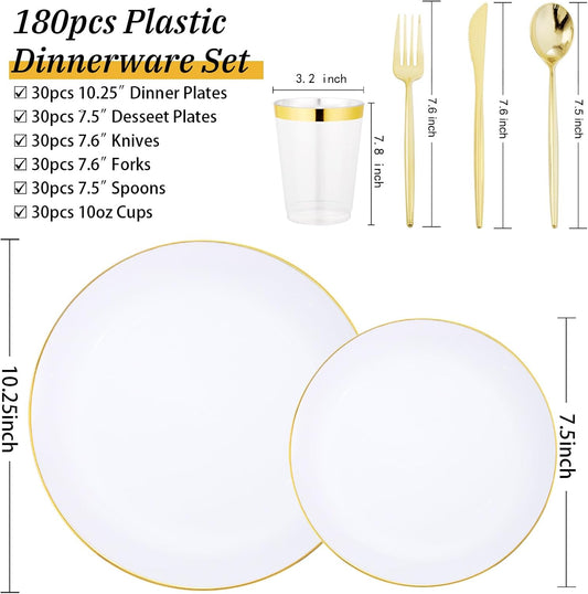 EI 180pcs White and Gold Plastic Plates,Gold Plastic Plates for Party,Fancy Plate Disposable Dinnerware Sets,Gold Disposable Silverware and Cups for Wedding,Baby Shower